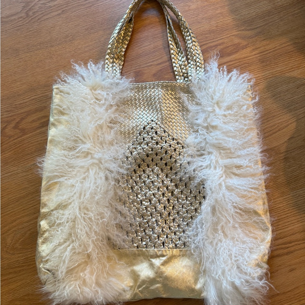 Metallic Gold woven leather XL Tote bag with white Mongolian fur